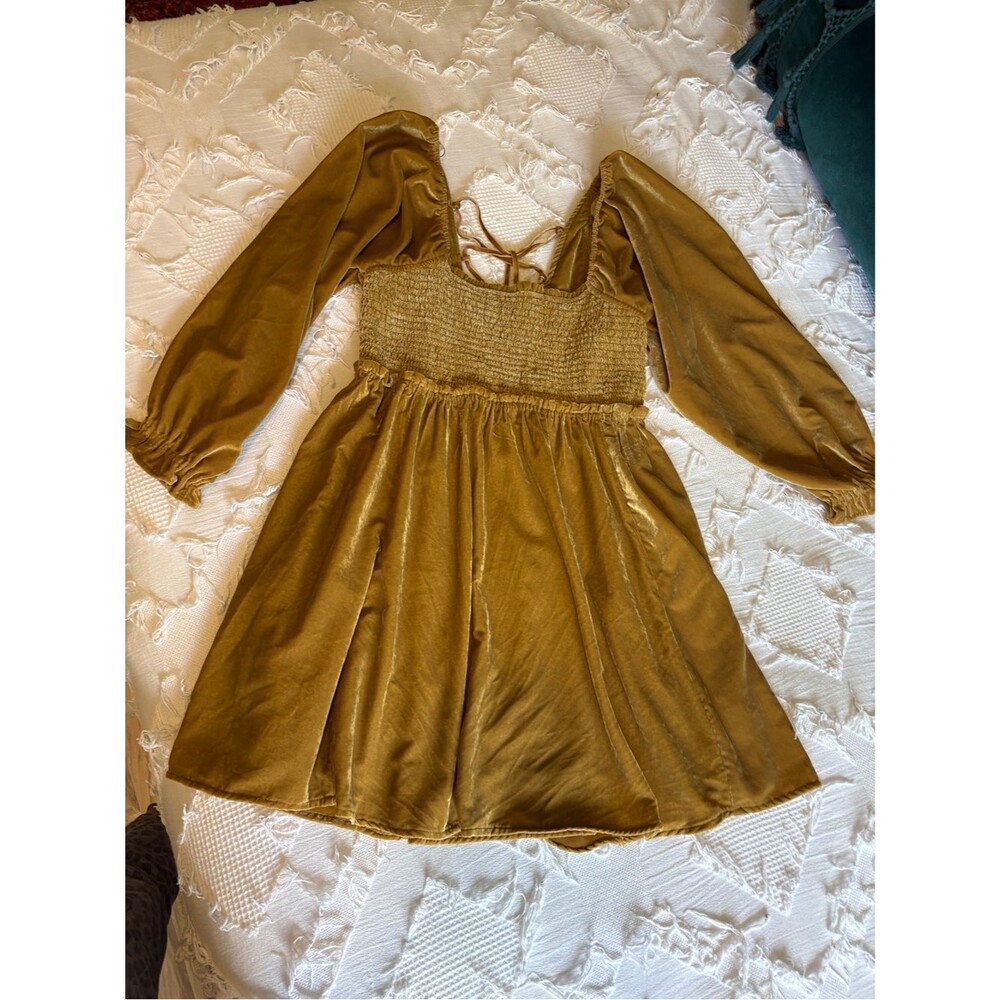 Free People Velvet Smocked Dress in Mustard Gold